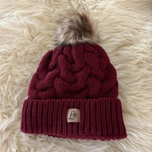 Cozy Burgundy Knit Fleece Lined Pom-Pom Toboggan Hat